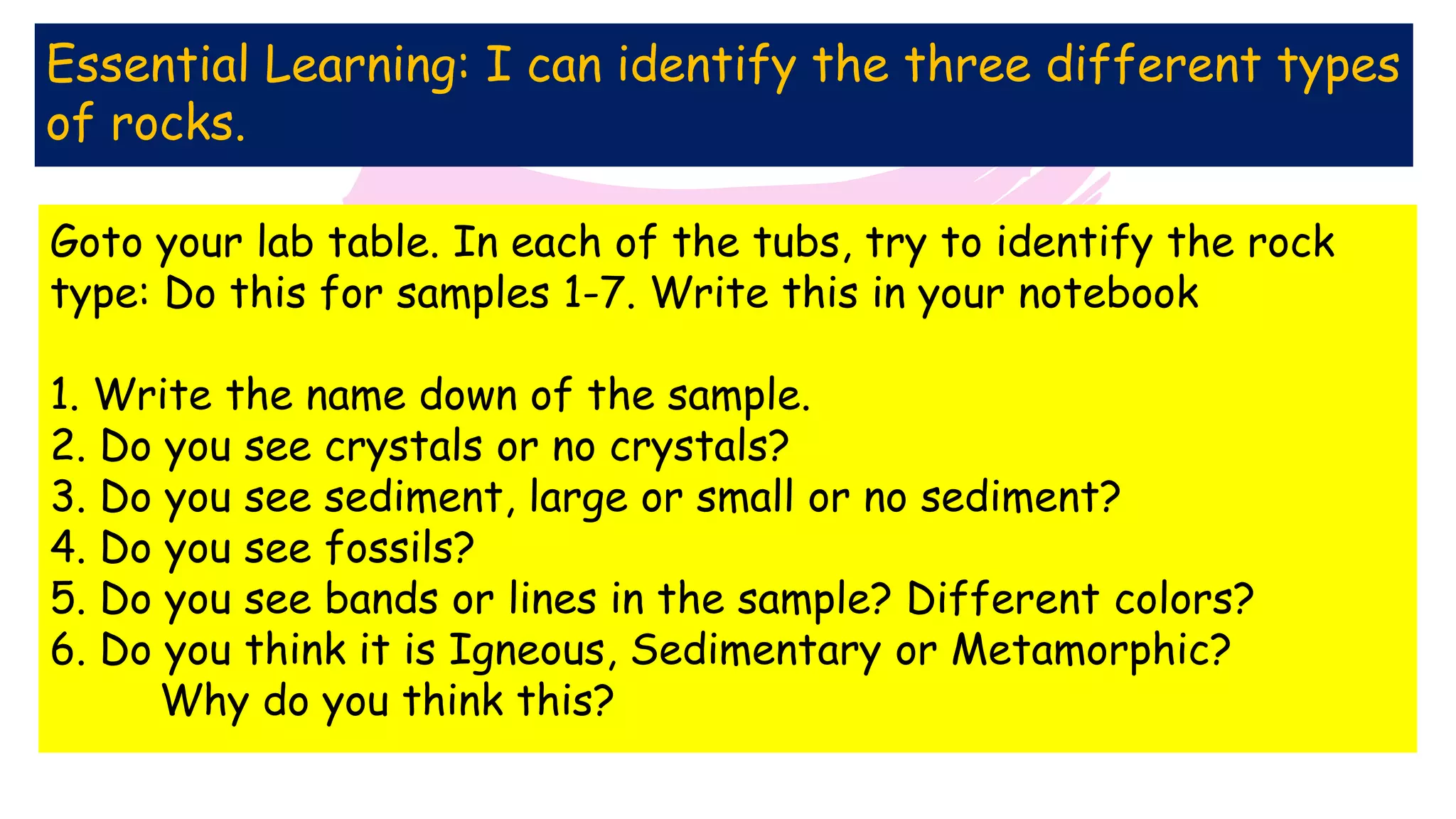 Essential Learning: I can identify the three different types
of rocks.
Goto your lab table. In each of the tubs, try to identify the rock
type: Do this for samples 1-7. Write this in your notebook
1. Write the name down of the sample.
2. Do you see crystals or no crystals?
3. Do you see sediment, large or small or no sediment?
4. Do you see fossils?
5. Do you see bands or lines in the sample? Different colors?
6. Do you think it is Igneous, Sedimentary or Metamorphic?
Why do you think this?
 