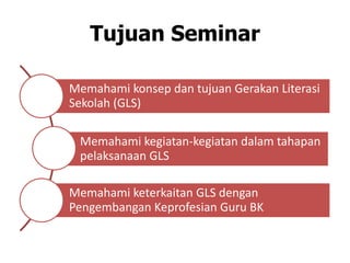 Tujuan Seminar
Memahami konsep dan tujuan Gerakan Literasi
Sekolah (GLS)
Memahami kegiatan-kegiatan dalam tahapan
pelaksanaan GLS
Memahami keterkaitan GLS dengan
Pengembangan Keprofesian Guru BK
 