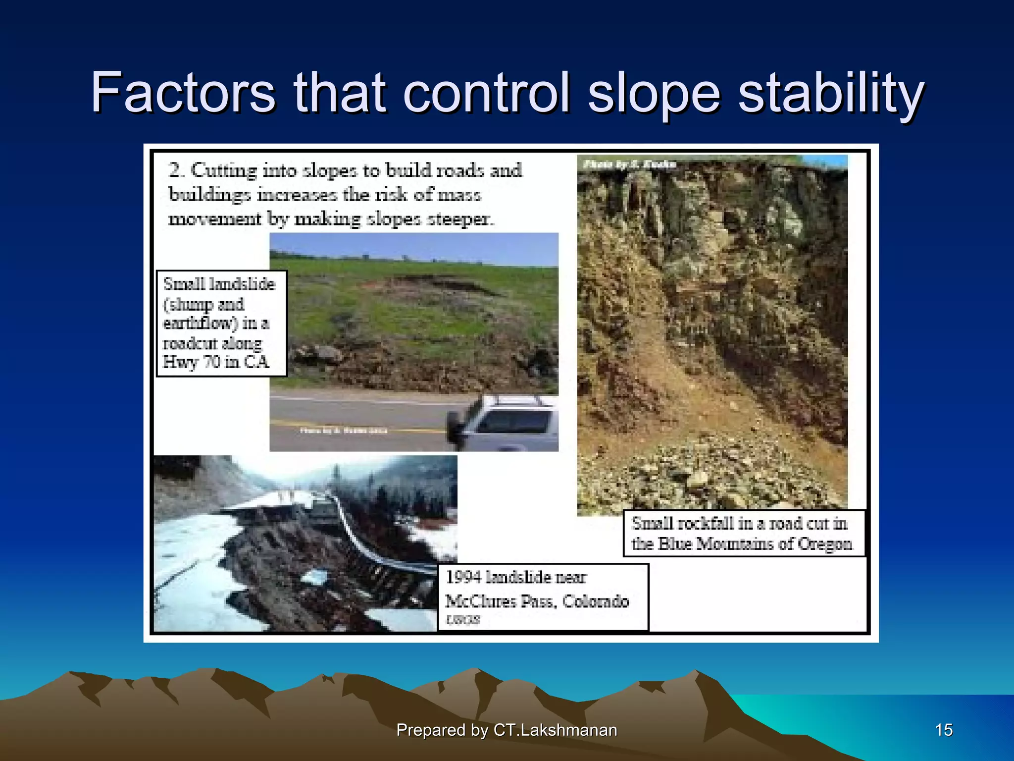 Factors that control slope stability




             Prepared by CT.Lakshmanan   15
 