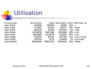 Utilisation
Filesystem              1K-blocks       Used Available Use% Mounted on
/dev/hda2                  242566     188356     41686 82% /
/dev/hda1                  121483      32283     82927 29% /boot
/dev/hda5                  961824      81420    831544   9% /tmp
/dev/hda6                11534936    9647048   1301940 89% /usr
/dev/hda7                 3845088    3325876    323892 92% /var
/dev/hda8                  242534      92243    137769 41% /usr/local
/dev/hda9                  242534       6176    223836   3% /system2
/dev/hda10               38556920   29833736   6764592 82% /home




      January 5­9, 09          NCSI­IDRC Workshop on ILAP                33
 
