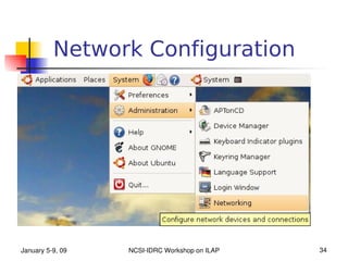 Network Configuration




January 5­9, 09   NCSI­IDRC Workshop on ILAP   34
 