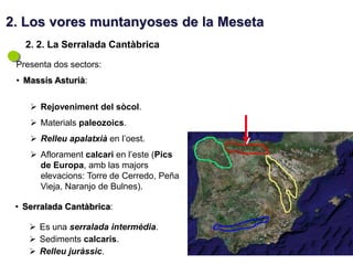 2. Los vores muntanyoses de la Meseta
   2. 2. La Serralada Cantàbrica
 Presenta dos sectors:
 • Massís Asturià:

     Rejoveniment del sòcol.
     Materials paleozoics.
     Relleu apalatxià en l’oest.
     Aflorament calcari en l’este (Pics
      de Europa, amb las majors
      elevacions: Torre de Cerredo, Peña
      Vieja, Naranjo de Bulnes).

 • Serralada Cantàbrica:

     Es una serralada intermèdia.
     Sediments calcaris.
     Relleu juràssic.
 