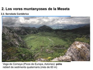 2. Los vores muntanyoses de la Meseta
2.2. Serralada Cantàbrica




 Vega de Comeya (Picos de Europa, Astúries): pòlie
 reblert de sediments quaternaris (més de 60 m)
 