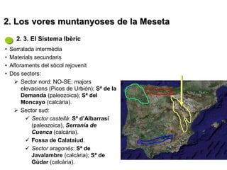 2. Los vores muntanyoses de la Meseta
      2. 3. El Sistema Ibèric
•   Serralada intermèdia
•   Materials secundaris
•   Afloraments del sòcol rejovenit
•   Dos sectors:
      Sector nord: NO-SE; majors
         elevacions (Picos de Urbión); Sª de la
         Demanda (paleozoica); Sª del
         Moncayo (calcària).
      Sector sud:
            Sector castellà: Sª d’Albarrasí
             (paleozoica), Serranía de
             Cuenca (calcària).
            Fossa de Calataiud.
            Sector aragonès: Sª de
             Javalambre (calcària); Sª de
             Gúdar (calcària).
 