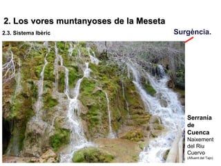 2. Los vores muntanyoses de la Meseta
2.3. Sistema Ibèric                     Surgència.




                                           Serranía
                                           de
                                           Cuenca
                                           Naixement
                                           del Riu
                                           Cuervo
                                           (Afluent del Tajo)
 