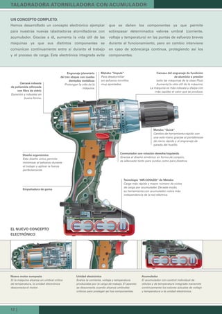 12 |
UN CONCEPTO COMPLETO.
Hemos desarrollado un concepto electrónico ejemplar
para nuestras nuevas taladradoras atornilladoras con
acumulador. Gracias a él, aumenta la vida útil de las
máquinas ya que sus distintos componentes se
comunican continuamente entre sí durante el trabajo
y el proceso de carga. Esta electrónica integrada evita
que se dañen los componentes ya que permite
sobrepasar determinados valores umbral (corriente,
voltaje y temperatura) en las puntas de esfuerzo breves
durante el funcionamiento, pero en cambio interviene
en caso de sobrecarga continua, protegiendo así los
componentes.
Nuevo motor compacto
Si la máquina alcanza un umbral crítico
de temperatura, la unidad electrónica
desconecta el motor.
Unidad electrónica
Evalúa la corriente, voltaje y temperatura
producidas por la carga de trabajo. El aparato
se desconecta cuando alcanza umbrales
críticos para proteger así los componentes.
Acumulador
El acumulador con control individual de
células y de temperatura integrado transmite
continuamente los valores actuales de voltaje
y temperatura a la unidad electrónica.
Conmutador con rotación derecha/izquierda
Gracias al diseño simétrico en forma de corazón,
es adecuado tanto para zurdos como para diestros.
Empuñadura de goma
Diseño ergonómico
Este diseño único permite
minimizar el esfuerzo durante
el trabajo y aplicar la fuerza
perfectamente.
Tecnología “AIR-COOLED” de Metabo
Carga más rápida y mayor número de ciclos
de carga por acumulador. De este modo,
su herramienta con acumulador cobra más
independencia de la red eléctrica.
Metabo "Quick"
Cambio de herramienta rápido con
una sola mano gracias al portabrocas
de cierre rápido y al engranaje de
parada del husillo.
Metabo “Impuls”
Para desatornillar
sin esfuerzo tornillos
muy apretados.Carcasa robusta
de poliamida reforzada
con fibra de vidrio
Duración y robustez en
buena forma.
Engranaje planetario
de tres etapas con ruedas
dentadas metálicas
Prolongan la vida de la
máquina.
Carcasa del engranaje de fundición
de aluminio a presión
(sólo las máquinas de la clase Plus)
Aumenta la vida útil de la máquina.
La máquina es más robusta y disipa con
más rapidez el calor que se produce.
TALADRADORA ATORNILLADORA CON ACUMULADOR
EL NUEVO CONCEPTO
ELECTRÓNICO
 