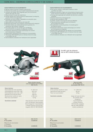 22 |
KSA 18 LTX ASE 18 LTX
Datos técnicos
Profundidad de corte ajustable 0 - 53,5 mm
Profundidad de corte máx. a 90° 53,5 mm
Profundidad de corte máx. a 45° 42 mm
Diámetro de la hoja de sierra 165 mm
Revoluciones marcha en vacío 2.700 /min
Peso (con acumulador) 4,3 kg
Suministro estándar Hoja de sierra circular de metal
duro (18 dientes), tope paralelo,
llave hexagonal, 2 acumuladores
Li-Power Extreme (18 V/2,6 Ah),
cargador ASC 30 "AIR COOLED"
CARACTERÍSTICAS DE EQUIPAMIENTO
Manejo óptimo gracias al diseño ergonómico
Potencia de serrado por acumulador especialmente elevada
Lámpara de trabajo LED integrada para una iluminación
óptima del lugar de corte
Hoja de sierra circular de metal duro
Parada rápida de la hoja de sierra al desconectar la máquina,
gracias al freno de seguridad
Indicador de corte visible y ajustable con precisión para
serrar según trazado previo
Adecuada para cortes oblicuos de hasta 50°
Bloqueo para evitar una conexión involuntaria de la máquina
Se evitan daños por sobrecalentamiento gracias a la
ventilación del colector integrada
Se puede utilizar en los carriles guía de Metabo
(con el 6.31312, se requiere el adaptador 6.31019)
Protección electrónica contra sobrecarga con control
de la temperatura integrado
Supervisión individual de las células en el acumulador
Tecnología AIR COOLED para un tiempo breve de carga
y una larga vida útil
Acumuladores robustos con indicación de la capacidad
Sierra circular manual
con acumulador de 18 voltios
KSA 18 LTX
CON ACU., SIERRAS CIRCULARES Y DE SABLE
Datos técnicos
Nº de carreras marcha en vacío 0 - 2.700 /min
Recorrido de hoja de sierra 30 mm
Peso (con acumulador) 3,6 kg
Suministro estándar Juego de hojas de sierra
de 3 piezas, llave
hexagonal,
2 acumuladores
Li-Power Extreme
(18 V/2,6 Ah), cargador
ASC 30 "AIR COOLED",
maletín profesional
CARACTERÍSTICAS DE EQUIPAMIENTO
Para serrar madera, materiales sintéticos, tubos
y perfiles de metal ...
Máquina estrecha y ligera con empuñadura de goma para
serrar de forma cómoda en cualquier posición de trabajo
Carcasa del engranaje de fundición de aluminio a presión
revestida
Sistema electrónico Variospeed (V)
Hoja de sierra girable en 180º
Cambio “Quick” de la hoja de sierra de Metabo
Tope axialmente ajustable para la limitación
de la longitud de corte
De aplicación universal gracias a la amplia gama
de hojas de sierra
Protección electrónica contra sobrecarga con control
de la temperatura integrado
Supervisión individual de las células en el acumulador
Tecnología AIR COOLED para un tiempo breve de carga
y una larga vida útil
Acumuladores robustos con indicación de la capacidad
Sierra de sable
de 18 voltios con
acumulador ASE 18 LTX
NUEVO NUEVO
Un 40% más de potencia
con un 40% menos de peso
Tipo KSA 18 LTX
Nº de pedido 6.02268.00
Máquina sin acumulador
ni cargador
Nº de pedido 6.02268.85
Tipo ASE 18 LTX
Nº de pedido 6.02269.50
Máquina sin acumulador
ni cargador
Nº de pedido 6.02269.85
 