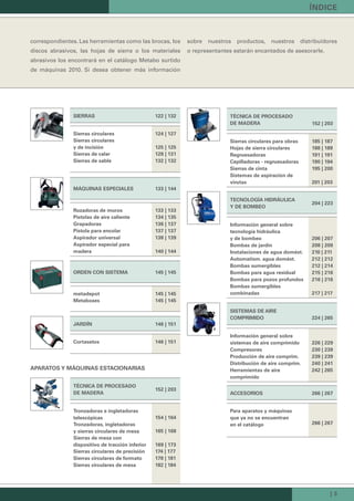 | 3
ÍNDICE
correspondientes. Las herramientas como las brocas, los
discos abrasivos, las hojas de sierra o los materiales
abrasivos los encontrará en el catálogo Metabo surtido
de máquinas 2010. Si desea obtener más información
sobre nuestros productos, nuestros distribuidores
o representantes estarán encantados de asesorarle.
APARATOS Y MÁQUINAS ESTACIONARIAS
SIERRAS 122 | 132
Sierras circulares 124 | 127
Sierras circulares
y de incisión 125 | 125
Sierras de calar 128 | 131
Sierras de sable 132 | 132
MÁQUINAS ESPECIALES 133 | 144
Rozadoras de muros 133 | 133
Pistolas de aire caliente 134 | 135
Grapadoras 136 | 137
Pistola para encolar 137 | 137
Aspirador universal 138 | 139
Aspirador especial para
madera 140 | 144
ORDEN CON SISTEMA 145 | 145
metadepot 145 | 145
Metaboxes 145 | 145
JARDÍN 146 | 151
Cortasetos 146 | 151
TÉCNICA DE PROCESADO
DE MADERA
152 | 203
Tronzadoras e ingletadoras
telescópicas 154 | 164
Tronzadoras, ingletadoras
y sierras circulares de mesa 165 | 168
Sierras de mesa con
dispositivo de tracción inferior 169 | 173
Sierras circulares de precisión 174 | 177
Sierras circulares de formato 178 | 181
Sierras circulares de mesa 182 | 184
TÉCNICA DE PROCESADO
DE MADERA 152 | 203
Sierras circulares para obras 185 | 187
Hojas de sierra circulares 188 | 189
Regruesadoras 191 | 191
Cepilladoras - regruesadoras 190 | 194
Sierras de cinta 195 | 200
Sistemas de aspiración de
virutas 201 | 203
Información general sobre
tecnología hidráulica
y de bombeo 206 | 207
Bombas de jardín 208 | 209
Instalaciones de agua domést. 210 | 211
Automatism. agua domést. 212 | 212
Bombas sumergibles 212 | 214
Bombas para agua residual 215 | 216
Bombas para pozos profundos 216 | 216
Bombas sumergibles
combinadas 217 | 217
TECNOLOGÍA HIDRÁULICA
Y DE BOMBEO
204 | 223
SISTEMAS DE AIRE
COMPRIMIDO 224 | 265
Información general sobre
sistemas de aire comprimido 226 | 229
Compresores 230 | 239
Producción de aire comprim. 239 | 239
Distribución de aire comprim. 240 | 241
Herramientas de aire
comprimido
242 | 265
ACCESORIOS 266 | 267
Para aparatos y máquinas
que ya no se encuentran
en el catálogo 266 | 267
 