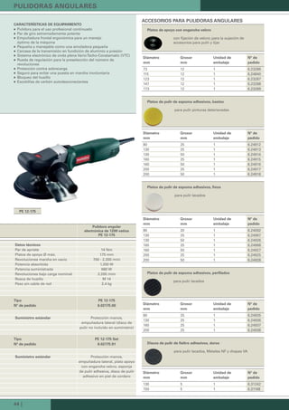 44 |
PE 12-175
CARACTERÍSTICAS DE EQUIPAMIENTO
Pulidora para el uso profesional continuado
Par de giro extremadamente potente
Empuñadura frontal ergonómica para un manejo
óptimo de la máquina
Pequeña y manejable como una amoladora pequeña
Carcasa de la transmisión en fundición de aluminio a presión
Sistema electrónico de onda plena Vario-Tacho-Constamatic (VTC)
Rueda de regulación para la preselección del número de
revoluciones
Protección contra sobrecarga
Seguro para evitar una puesta en marcha involuntaria
Bloqueo del husillo
Escobillas de carbón autodesconectantes
Pulidora angular
electrónica de 1200 vatios
PE 12-175
Datos técnicos
Par de apriete 14 Nm
Platos de apoyo Ø máx. 175 mm
Revoluciones marcha en vacío 700 - 2.200 /min
Potencia absorbida 1.200 W
Potencia suministrada 680 W
Revoluciones bajo carga nominal 2.200 /min
Rosca de husillo M 14
Peso sin cable de red 2,4 kg
Suministro estándar Protección manos,
empuñadura lateral (disco de
pulir no incluido en suministro)
Suministro estándar Protección manos,
empuñadura lateral, plato apoyo
con enganche velcro, esponja
de pulir adhesiva, disco de pulir
adhesivo en piel de cordero
Tipo PE 12-175 Set
Nº de pedido 6.02175.91
Tipo PE 12-175
Nº de pedido 6.02175.00
PULIDORAS ANGULARES
ACCESORIOS PARA PULIDORAS ANGULARES
Platos de apoyo con enganche velcro
con fijación de velcro; para la sujeción de
accesorios para pulir y lijar
Diámetro
mm
Grosor
mm
Unidad de
embalaje
Nº de
pedido
73 12 1 6.23286
115 12 1 6.24840
123 12 1 6.23287
147 12 1 6.23288
173 12 1 6.23289
Platos de pulir de espuma adhesivos, bastos
para pulir pinturas deterioradas
Diámetro
mm
Grosor
mm
Unidad de
embalaje
Nº de
pedido
80 25 1 6.24912
130 25 1 6.24913
130 50 1 6.24914
160 25 1 6.24915
160 50 1 6.24916
200 25 1 6.24917
200 50 1 6.24918
Platos de pulir de espuma adhesivos, finos
para pulir lacados
Diámetro
mm
Grosor
mm
Unidad de
embalaje
Nº de
pedido
80 20 1 6.24092
130 25 1 6.24967
130 50 1 6.24926
160 25 1 6.24968
160 50 1 6.24927
200 25 1 6.24925
200 50 1 6.24928
Platos de pulir de espuma adhesivos, perfilados
para pulir lacados
Diámetro
mm
Grosor
mm
Unidad de
embalaje
Nº de
pedido
80 25 1 6.24935
130 25 1 6.24936
160 25 1 6.24937
200 25 1 6.24938
Discos de pulir de fieltro adhesivos, duros
para pulir lacados, Metales NF y chapas VA
Diámetro
mm
Grosor
mm
Unidad de
embalaje
Nº de
pedido
130 5 1 6.31242
150 5 1 6.31168
 