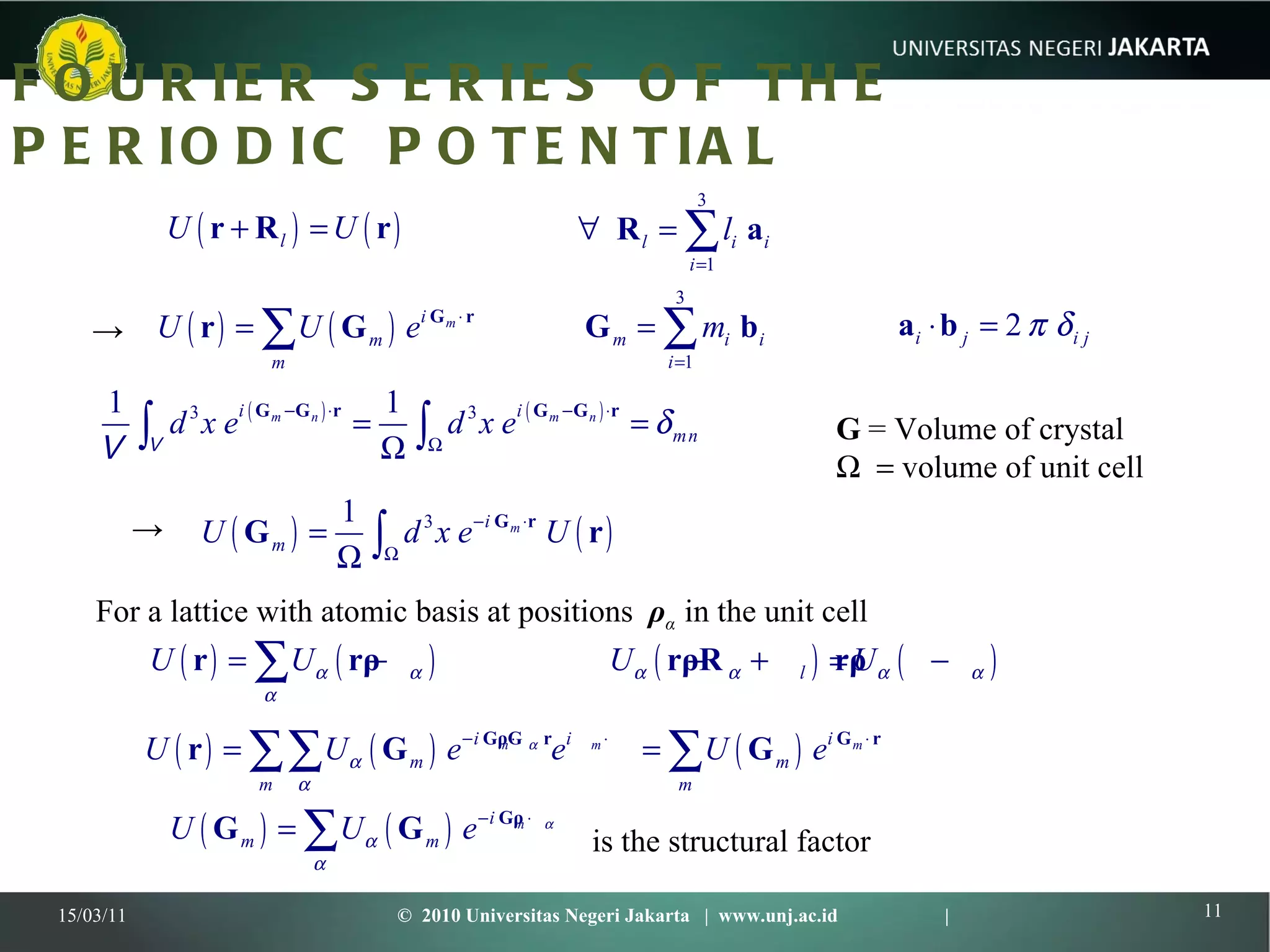 FOURIER SERIES OF THE PERIODIC POTENTIAL 15/03/11 ©  2010 Universitas Negeri Jakarta  |  www.unj.ac.id  | ->    = Volume of crystal       volume of unit cell For a lattice with atomic basis at positions  ρ α   in the unit cell is the structural factor -> 