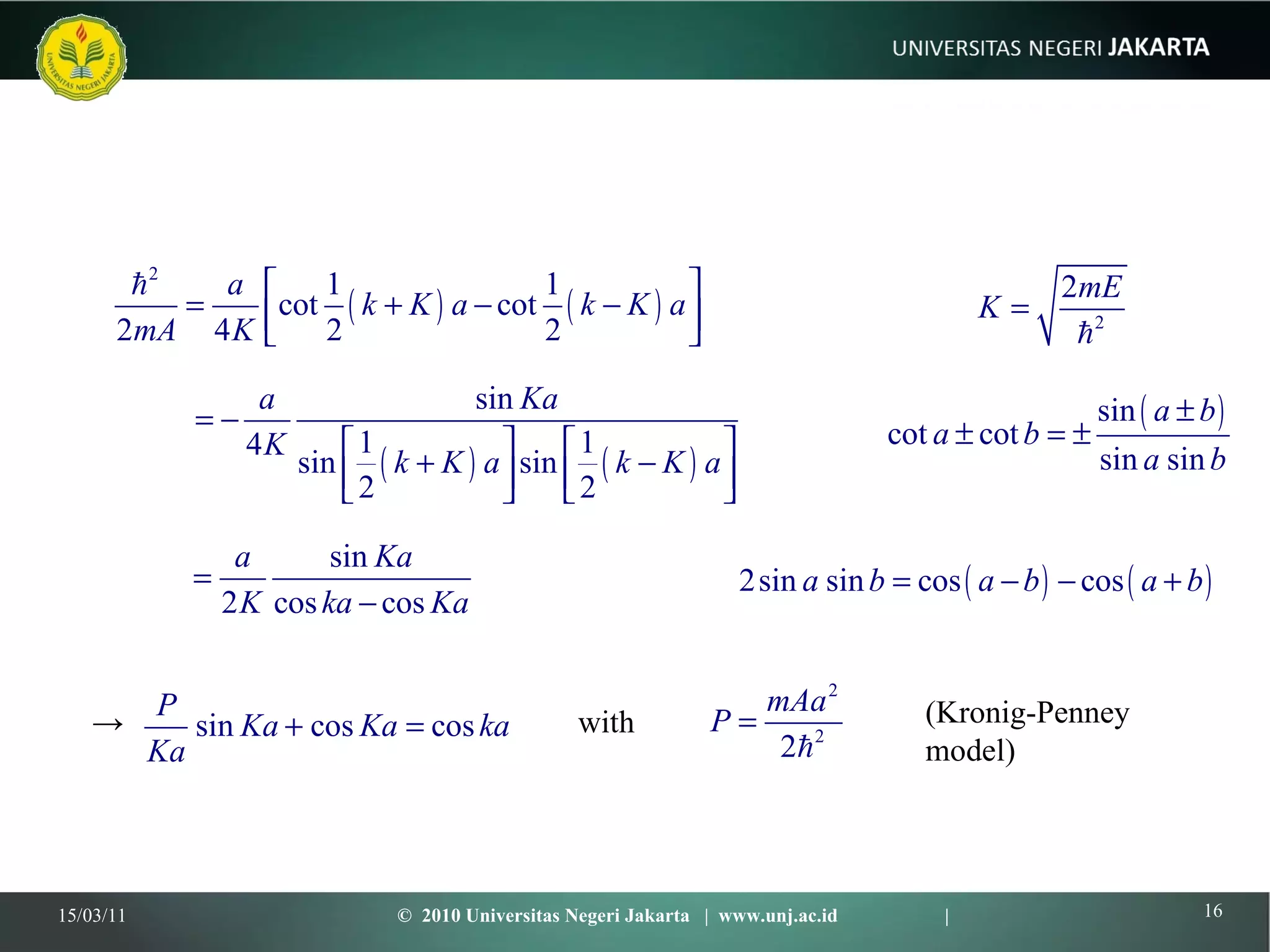 -> (Kronig-Penney model) with 15/03/11 ©  2010 Universitas Negeri Jakarta  |  www.unj.ac.id  | 