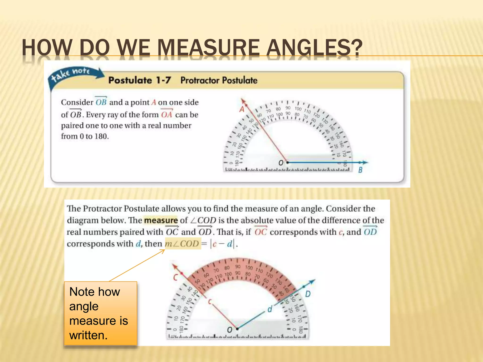 HOW DO WE MEASURE ANGLES?
Note how
angle
measure is
written.