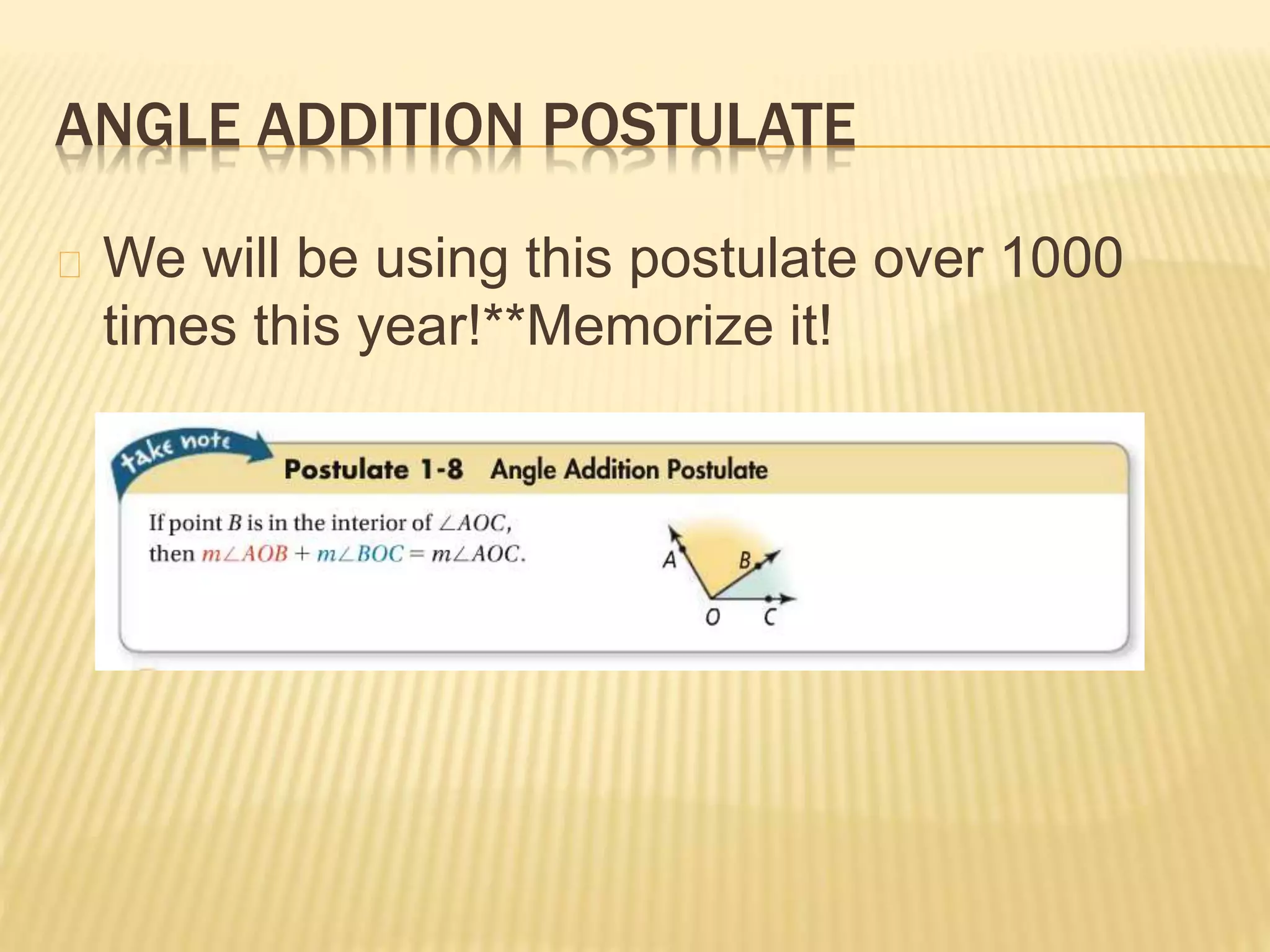 ANGLE ADDITION POSTULATE
We will be using this postulate over 1000
times this year!**Memorize it!