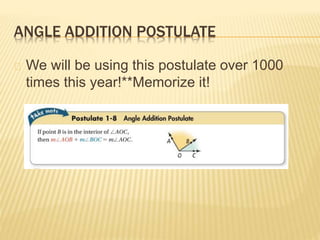 ANGLE ADDITION POSTULATE
We will be using this postulate over 1000
times this year!**Memorize it!
 