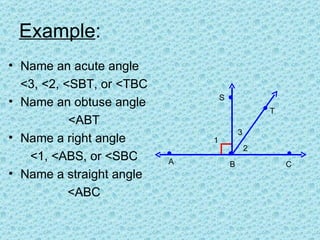 Example:
• Name an acute angle
  <3, <2, <SBT, or <TBC
                                  S
• Name an obtuse angle
                                                  T
           <ABT
                                          3
• Name a right angle          1
                                              2
   <1, <ABS, or <SBC      A           B               C
• Name a straight angle
           <ABC
 