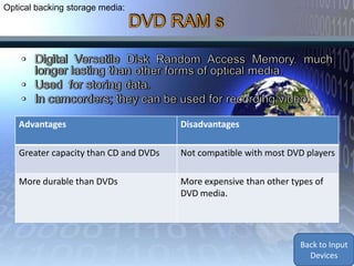 Optical backing storage media:




   Advantages                          Disadvantages

   Greater capacity than CD and DVDs   Not compatible with most DVD players

   More durable than DVDs              More expensive than other types of
                                       DVD media.



                                                                    Back to Backing
                                                                     Storage and
                                                                    Media Devices
 