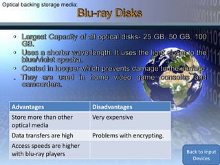Optical backing storage media:




   Advantages                    Disadvantages
   Store more than other         Very expensive
   optical media
   Data transfers are high       Problems with encrypting.
   Access speeds are higher
                                                             Back to Backing
   with blu-ray players                                       Storage and
                                                             Media Devices
 