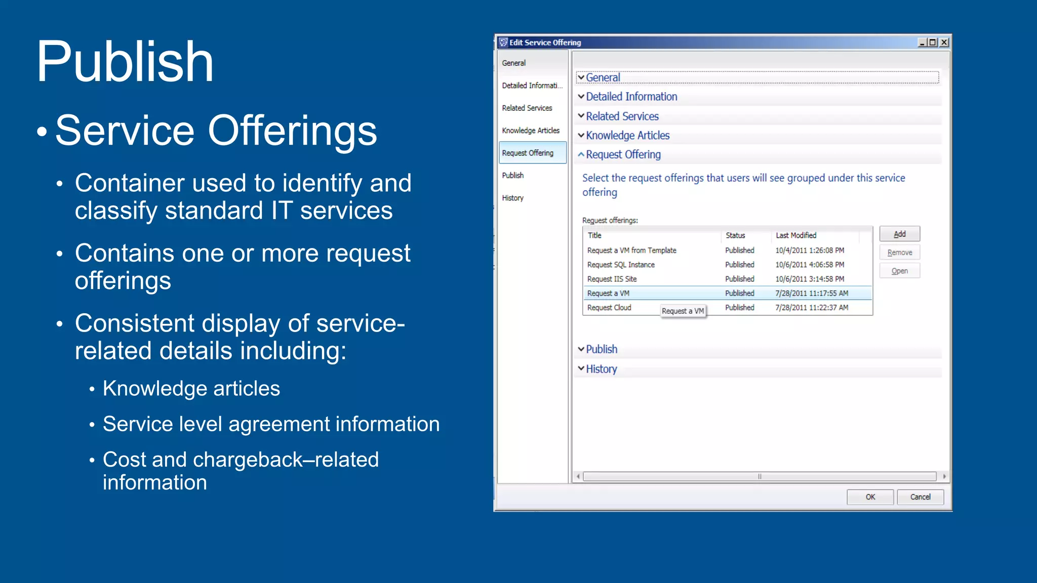 • Service Offerings
• Container used to identify and
classify standard IT services
• Contains one or more request
offerings
• Consistent display of service-
related details including:
•
•
•
 