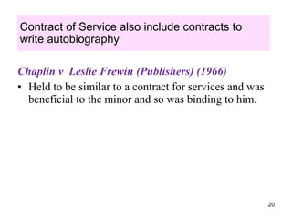 <ul><li>Chaplin v  Leslie Frewin (Publishers) (1966 ) </li></ul><ul><li>Held to be similar to a contract for services and ...