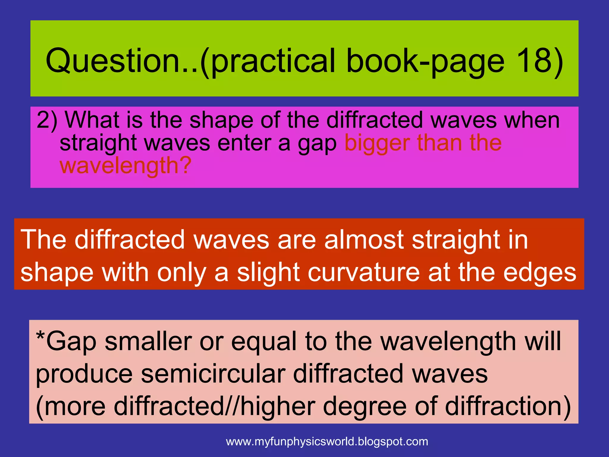 Question..(practical book-page 18)
 2) What is the shape of the diffracted waves when
   straight waves enter a gap bigger than the
   wavelength?


The diffracted waves are almost straight in
shape with only a slight curvature at the edges

 *Gap smaller or equal to the wavelength will
 produce semicircular diffracted waves
 (more diffracted//higher degree of diffraction)
                  www.myfunphysicsworld.blogspot.com
 
