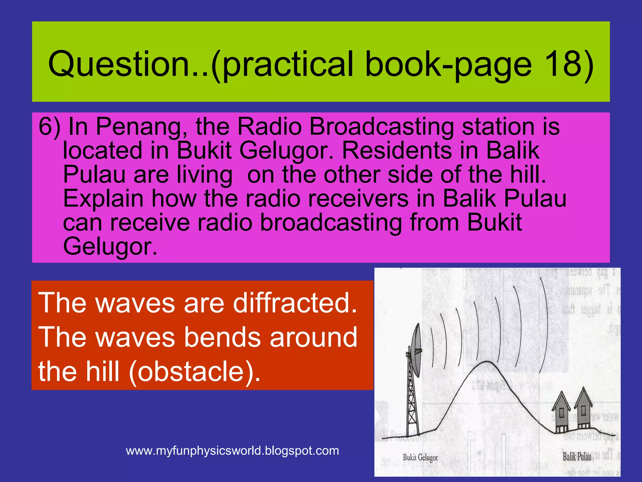 Question..(practical book-page 18)
6) In Penang, the Radio Broadcasting station is
  located in Bukit Gelugor. Residents in Balik
  Pulau are living on the other side of the hill.
  Explain how the radio receivers in Balik Pulau
  can receive radio broadcasting from Bukit
  Gelugor.

The waves are diffracted.
The waves bends around
the hill (obstacle).

        www.myfunphysicsworld.blogspot.com
 