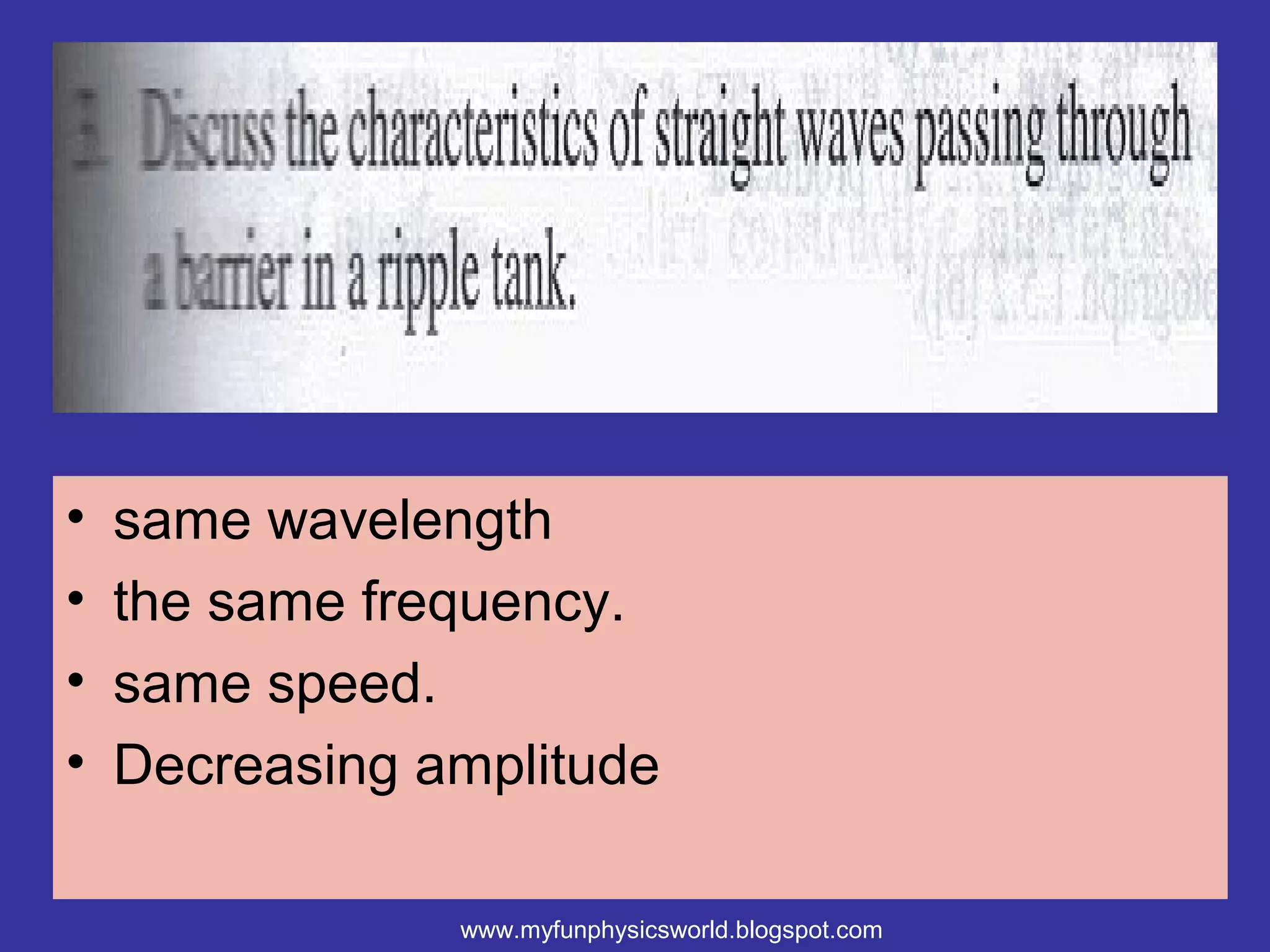 •   same wavelength
•   the same frequency.
•   same speed.
•   Decreasing amplitude

                www.myfunphysicsworld.blogspot.com
 