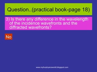 Question..(practical book-page 18)
3) Is there any difference in the wavelength
  of the incidence wavefronts and the
  diffracted wavefronts?

No




                www.myfunphysicsworld.blogspot.com
 