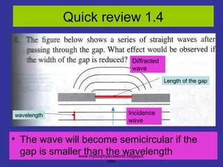 Quick review 1.4


                              Diffracted
                              wave
                                           Length of the gap




wavelength                   Incidence
                             wave


• The wave will become semicircular if the
  gap is smaller than the wavelength
               www.myfunphysicsworld.blogspot.
                       com
 