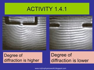 ACTIVITY 1.4.1




Degree of                          Degree of
diffraction is higher              diffraction is lower
                  www.myfunphysicsworld.blogspot.com
 