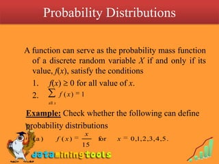 Probability Distributions <br />A function can serve as the probability mass function of a discrete random variable X if a...