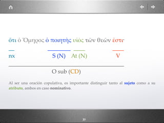 2013
ὅτι ὁ Ὅµηρος ὁ ποιητὴς υἱὸς τῶν θεῶν ἐστι·
__ ________ ____ ____
nx S (N) At (N) V
________________________________________
O sub (CD)
Al ser una oración copulativa, es importante distinguir tanto al sujeto como a su
atributo, ambos en caso nominativo.
 