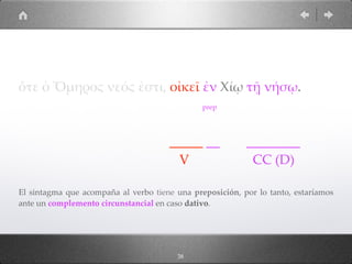 38
ὅτε ὁ Ὅµηρος νεός ἐστι, οἰκεῖ ἐν Χίῳ τῇ νήσῳ.
prep
_____ __ ________
V CC (D)
El sintagma que acompaña al verbo tiene una preposición, por lo tanto, estaríamos
ante un complemento circunstancial en caso dativo.
 