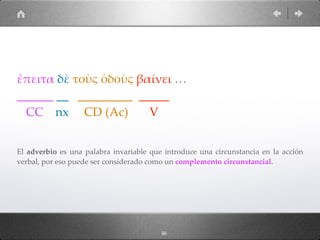 46
ἔπειτα δὲ τοὺς ὁδοὺς βαίνει …
______ __ _________ _____
CC nx CD (Ac) V
El adverbio es una palabra invariable que introduce una circunstancia en la acción
verbal, por eso puede ser considerado como un complemento circunstancial.
 
