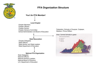 FFA Organization Structure Federation: Schools in Fauquier, Culpeper, Madison, Prince William Area: Central Schools in green Local Chapter Chapter Members Chapter Officers Chapter Advisor Chapter Advisory Committee School Administration and Board of Education State Association Chapter Delegates State Officers State Advisor and State Leaders State Department of Education National FFA Organization State Delegates National Officers National Advisory Leaders National Board of Directors U.S. Department of Education You! An FFA Member! 