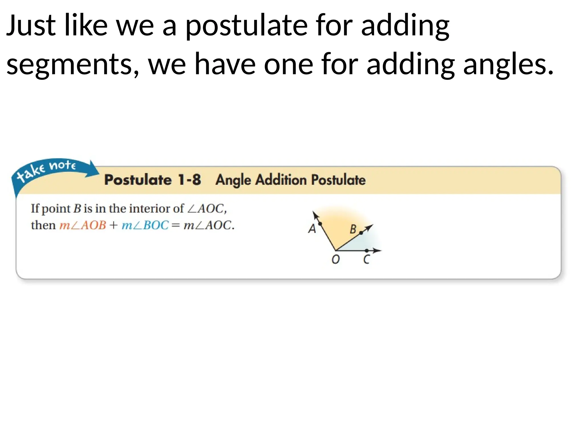 Just like we a postulate for adding
segments, we have one for adding angles.
 
