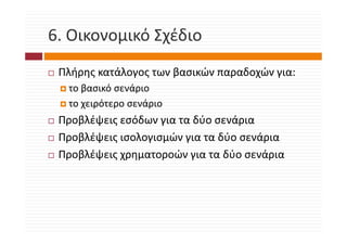 6. Οικονομικό Σχέδιο
6. Οικονομικό Σχέδιο
 Πλήρης κατάλογος των βασικών παραδοχών για:
  το βασικό σενάριο
  το χειρότερο σενάριο
 Προβλέψεις εσόδων για τα δύο σενάρια
 Προβλέψεις εσόδων για τα δύο σενάρια
 Προβλέψεις ισολογισμών για τα δύο σενάρια
 Προβλέψεις χρηματοροών για τα δύο σενάρια
    βλέψ              ώ         δύ     ά
 