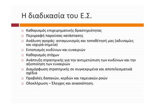 Η διαδικασία του Ε.Σ.
Η διαδικασία του Ε.Σ.
 Καθορισμός επιχειρηματικής δραστηριότητας
 Κ θ      ό               ή δ        ό
 Περιγραφή παρούσας κατάστασης
 Ανάλυση αγοράς: ανταγωνισμός και τοποθέτησή μας (αδυναμίες 
         η γ ρ ς      γ     μ ς           η ήμ ς(        μ ς
 και ισχυρά σημεία)
 Εντοπισμός κινδύνων και ευκαιριών
 Καθορισμός στόχων
 Καθορισμός στόχων
 Ανάπτυξη στρατηγικής για την αντιμετώπιση των κινδύνων και την 
 αξιοποίηση των ευκαιριών
 Διαμόρφωση στρατηγικής σε συγκεκριμένα και αποτελεσματικά 
 σχέδια
 Προβολές δαπανών, κερδών και ταμειακών ροών
 Προβολές δαπανών, κερδών και ταμειακών ροών
 Ολοκλήρωση – Έλεγχος και ανασκόπηση.
 