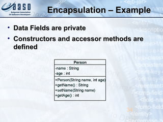 Encapsulation – ExampleEncapsulation – Example
• Data Fields are privateData Fields are private
• Constructors and accessor methods areConstructors and accessor methods are
defineddefined
34
 