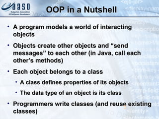 OOP in a NutshellOOP in a Nutshell
• A program models a world of interactingA program models a world of interacting
objectsobjects
• Objects create other objects and “sendObjects create other objects and “send
messages” to each other (in Java, call eachmessages” to each other (in Java, call each
other’s methods)other’s methods)
• Each object belongs to a classEach object belongs to a class
• A class defines properties of its objectsA class defines properties of its objects
• The data type of an object is its classThe data type of an object is its class
• Programmers write classes (and reuse existingProgrammers write classes (and reuse existing
classes)classes)
5
 