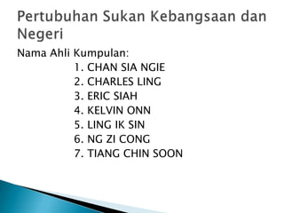 Nama Ahli Kumpulan:
          1. CHAN SIA NGIE
          2. CHARLES LING
          3. ERIC SIAH
          4. KELVIN ONN
          5. LING IK SIN
          6. NG ZI CONG
          7. TIANG CHIN SOON
 