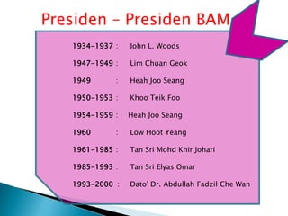 Presiden – Presiden BAM
   1934-1937 :   John L. Woods

   1947-1949 :   Lim Chuan Geok

   1949      :   Heah Joo Seang

   1950-1953 :   Khoo Teik Foo

   1954-1959 :   Heah Joo Seang

   1960      :   Low Hoot Yeang

   1961-1985 :   Tan Sri Mohd Khir Johari

   1985-1993 :   Tan Sri Elyas Omar

   1993-2000 :   Dato' Dr. Abdullah Fadzil Che Wan
 