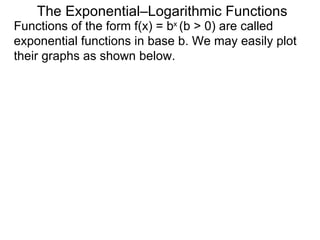 The Exponential–Logarithmic Functions Functions of the form f(x) = b x  (b > 0) are called exponential functions in base b. We may easily plot their graphs as shown below.  