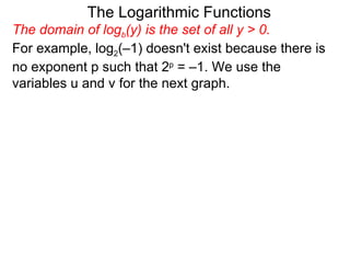 The domain of log b (y) is the set of all y > 0.  For example, log 2 (–1) doesn't exist because there is no exponent p such that 2 p  = –1. We use the variables u and v for the next graph. The Logarithmic Functions 