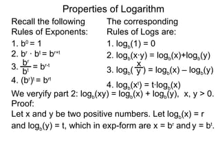 1. log b (1) = 0 2.  log b (x·y) = log b (x)+log b (y)  3. log b (  ) = log b (x) – log b (y) 4. log b (x t ) = t·log b (x) x y 1. b 0  = 1 2. b r   ·  b t  = b r+t 3.  = b r-t 4. (b r ) t  = b rt b t b r Properties of Logarithm Recall the following  Rules of Exponents:  The corresponding  Rules of Logs are: We veryify part 2: log b (xy) = log b (x) + log b (y),  x, y > 0.  Proof: Let x and y be two positive numbers. Let log b (x) = r  and log b (y) = t, which in exp-form are x = b r  and   y = b t . 