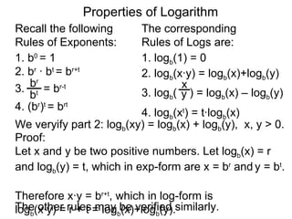 1. log b (1) = 0 2.  log b (x·y) = log b (x)+log b (y)  3. log b (  ) = log b (x) – log b (y) 4. log b (x t ) = t·log b (x) x y 1. b 0  = 1 2. b r   ·  b t  = b r+t 3.  = b r-t 4. (b r ) t  = b rt b t b r Properties of Logarithm Recall the following  Rules of Exponents:  The corresponding  Rules of Logs are: We veryify part 2: log b (xy) = log b (x) + log b (y),  x, y > 0.  Proof: Let x and y be two positive numbers. Let log b (x) = r  and log b (y) = t, which in exp-form are x = b r  and   y = b t .  Therefore x·y = b r+t , which in log-form is   log b (x·y) = r + t = log b (x)+log b (y).  The other rules may be verified similarly.  