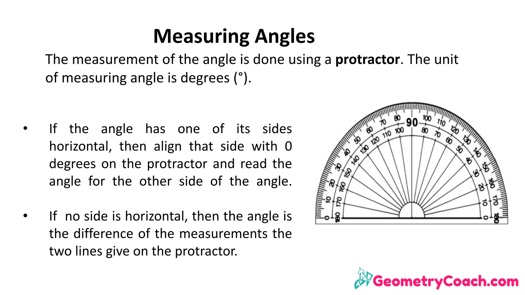 Measuring	Angles
The	measurement	of	the	angle	is	done	using	a	protractor.	The	unit	
of	measuring	angle	is	degrees	(°).
• If the angle has one of its sides
horizontal, then align that side with 0
degrees on the protractor and read the
angle for the other side of the angle.
• If no side is horizontal, then the angle is
the difference of the measurements the
two lines give on the protractor.
 