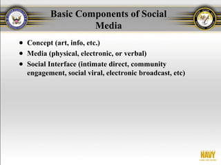 Basic Components of Social
                   Media
● Concept (art, info, etc.)
● Media (physical, electronic, or verbal)
● Social Interface (intimate direct, community
  engagement, social viral, electronic broadcast, etc)
 