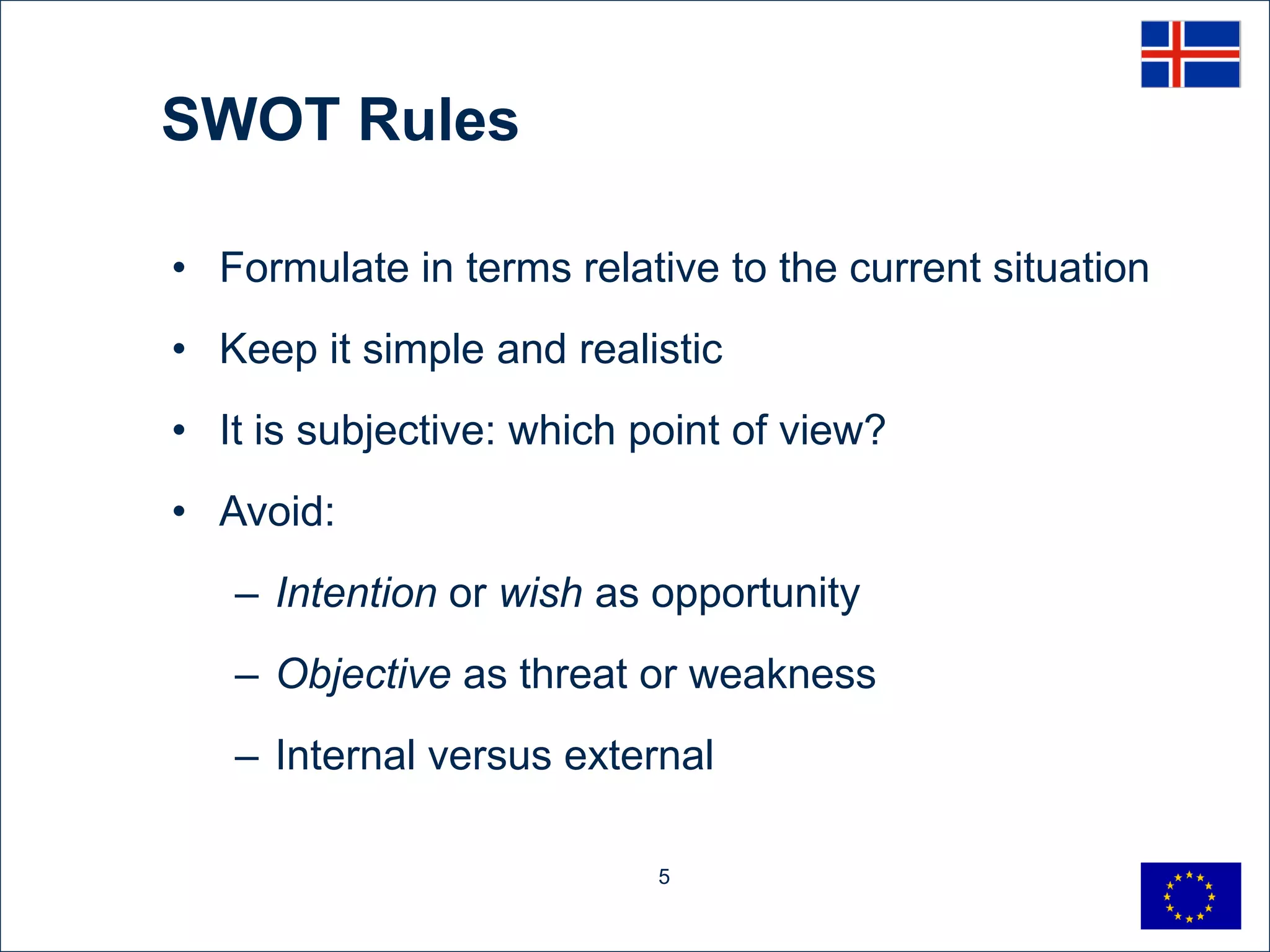 SWOT Rules

• Formulate in terms relative to the current situation
• Keep it simple and realistic
• It is subjective: which point of view?
• Avoid:
   – Intention or wish as opportunity
   – Objective as threat or weakness
   – Internal versus external

                           5
 