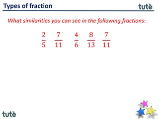 Types of fraction
What similarities you can see in the following fractions:
2
5
7
11
4
6
8
13
7
11
 