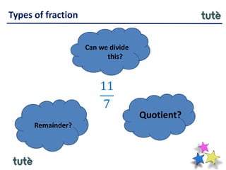 Types of fraction
11
7
Quotient?
Remainder?
Can we divide
this?
 